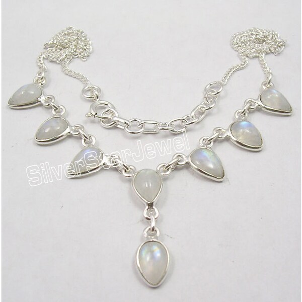 925 Solid Silver Real Blue Fire RAINBOW MOONSTONE Amazing Drops Necklace WOMEN'S Handmade Hot Selling Top Class Low Price Beautiful Jewelry