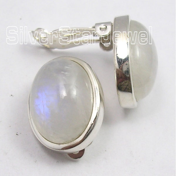 Offer Sale | Clip On Earrings | 925 Sterling Silver Blue Fire RAINBOW MOONSTONE Ear Jewelry 0.7" | Oval Shape | Earrings For Women