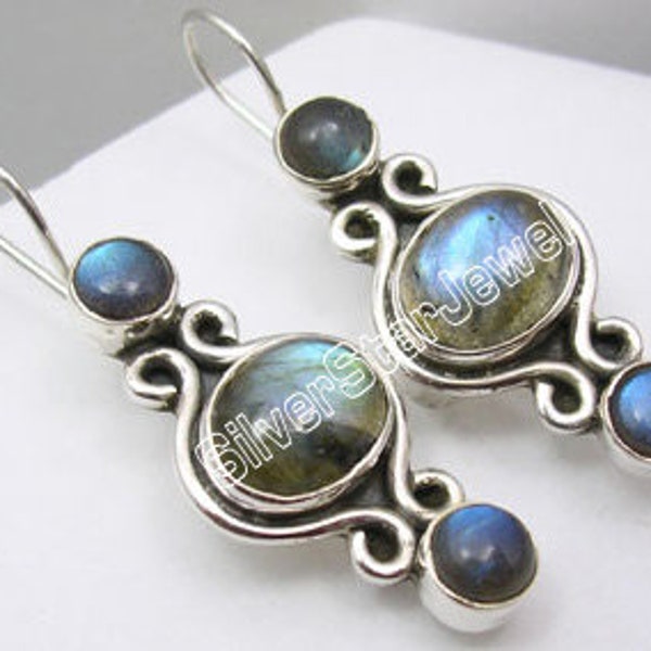 925 Solid Silver NATURAL Blue Fire LABRADORITE Gemstone HANDCRAFTED Earrings Hot Selling Top Class Discount Jewelry Collection Made In India