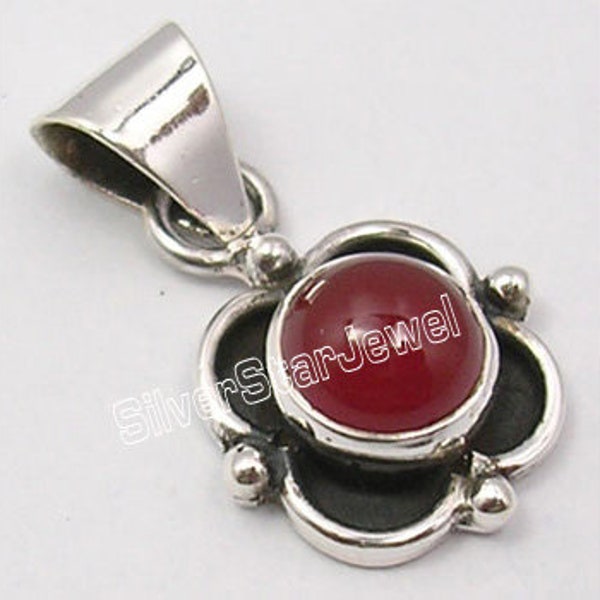 925 Sterling Solid Silver Red Color Real CARNELIAN Gemstone OXIDIZED Vintage Style Pendant 0.9" Women's Handmade Birthday Present Jewelry