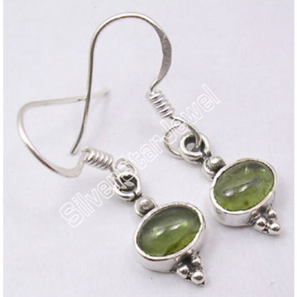 Beautiful 925 Sterling Pure Solid Silver Green Color Genuine Peridot Gemstone Indian Jewelers Earrings 1.1 Inches MADE IN INDIA New Jewelry