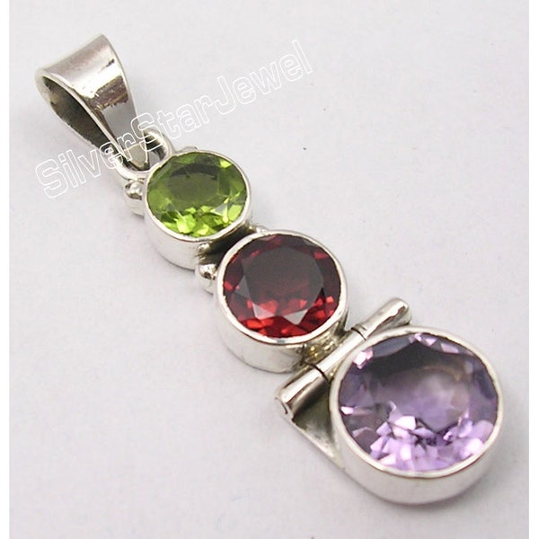 Sterling 925 Pure Silver Natural PERIDOT, GARNET & AMETHYST Gemstone Online Buy Pendant 1.5" Low Price Combined Shipping Women's Jewelry New