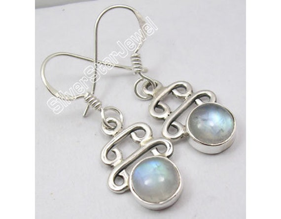 925 Stamp Solid Silver Cab Genuine RAINBOW MOONSTONE Art Earrings