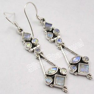 925 Pure Sterling Solid Silver Blue Fire Natural RAINBOW MOONSTONE Chunky Earrings 2.1 Inches HANDMADE Hot Selling Brand New Indian Jewelry