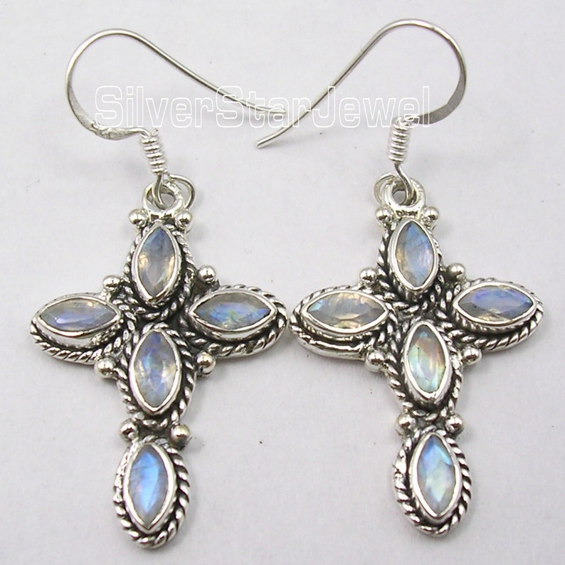 CROSS Earrings Pendant Jewelry Set 925 Solid Silver Blue RAINBOW MOONSTONE Latest Style Eurovision Song Contest Handmade Collectible Bijoux