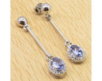 Wedding Bijoux High Quality TANZANITE & CZ Earrings 1.4" Rhodium Plated 925 Solid Sterling Silver Bridal Jewellery Gift For Fiance