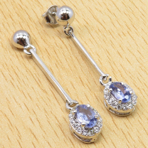 Wedding Bijoux High Quality TANZANITE & CZ Earrings 1.4" Rhodium Plated 925 Solid Sterling Silver Bridal Jewellery Gift For Fiance