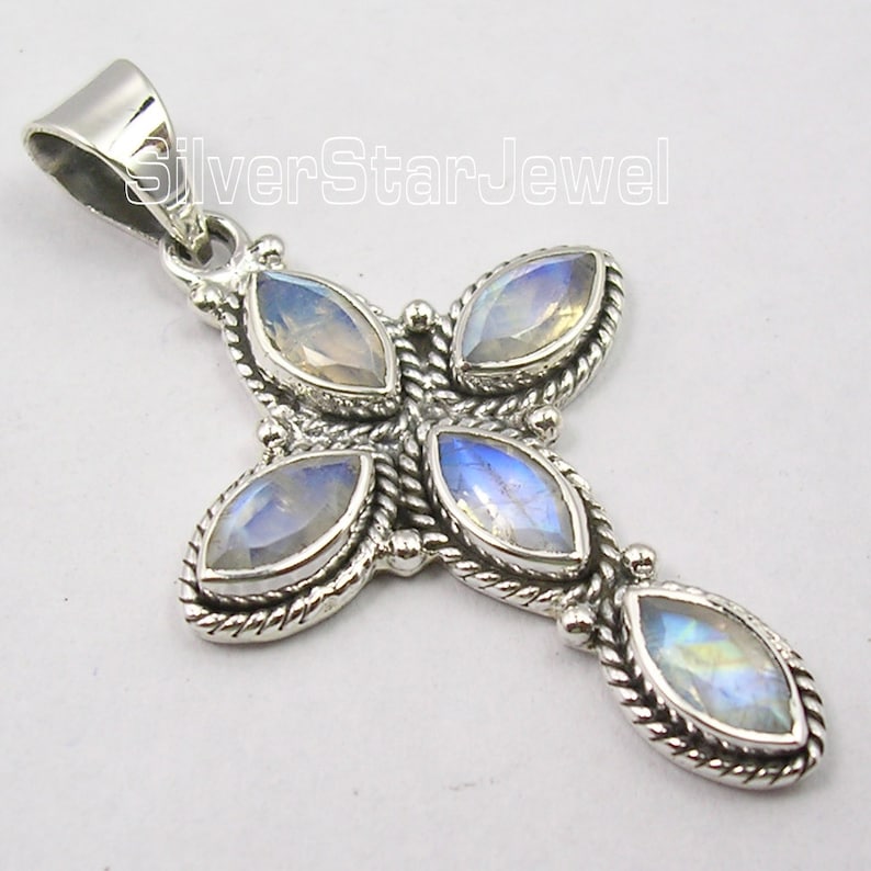 CROSS Earrings Pendant Jewelry Set 925 Solid Silver Blue RAINBOW MOONSTONE Latest Style Eurovision Song Contest Handmade Collectible Bijoux