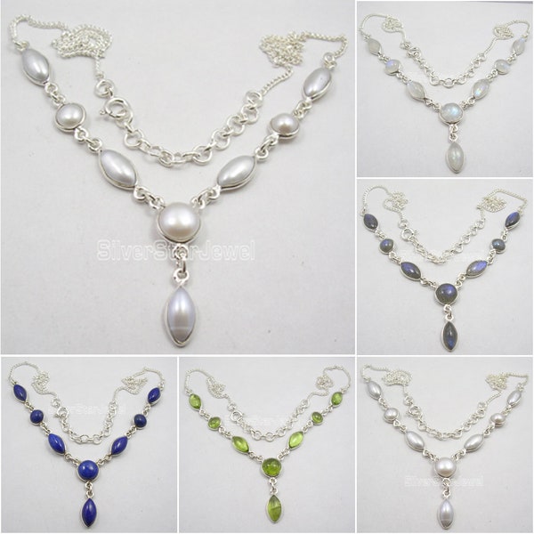 Collier de perles blanches 18,2 "| Argent massif 925 | Pierre de naissance de juin | Options de couleurs | Bijoux faits à la main avec