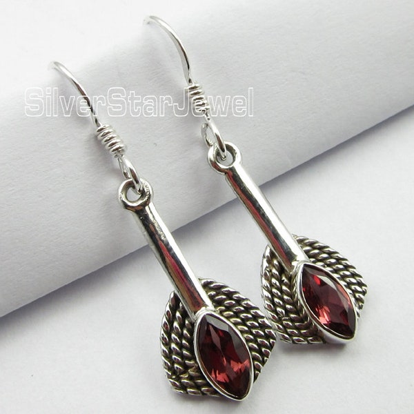 TRIBAL Fashion 925 Sterling Pure Solid Silver Original Red Color GARNET OXIDIZED Earrings 1.4 Inches Anniversary Gift Handmade New Jewelry