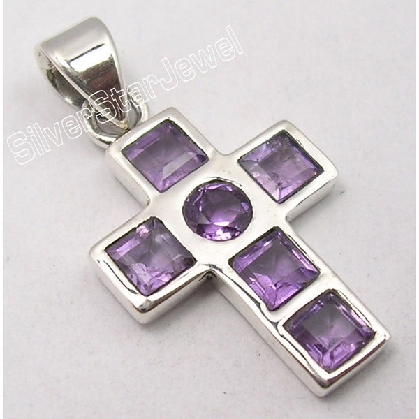 925 Stamped Pure Solid Silver Amazing Cut Purple Color Natural AMETHYST 6 Gemstone Handmade LARGE Pendant 1.2 Inches Brand New Nice Jewelry