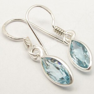 Pure 925 Solid Sterling Silver Real BLUE TOPAZ Cut Gemstone Earrings 1 1/8" 1.3 Grams Marquise Shape Latest Style Jewelry Gift For Mother