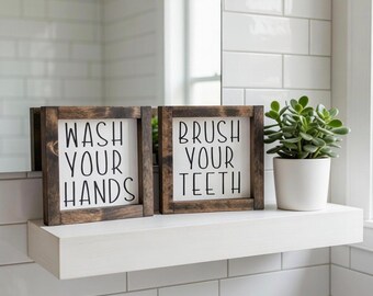 Kids Bathroom Signs Set of 2, Wash Your Hands Brush Your Teeth, Rustic Farmhouse Wood Decor, Children’s Hygiene Reminders
