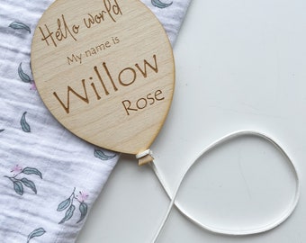 Hello world wooden engraved baby name announcement, balloon design