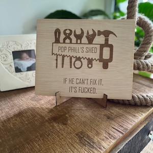 Abuelo, papá, cobertizo, letrero de taller, idea de regalo para el Día del Padre 2025, regalo divertido grabado en madera, letrero colgante de cobertizo de madera
