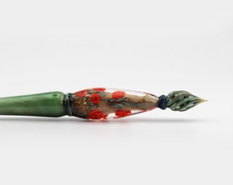 Glass Dip in Pen - Poppy Flower Themed Murrini Handmade Glass Art Calligraphy Glass Pen