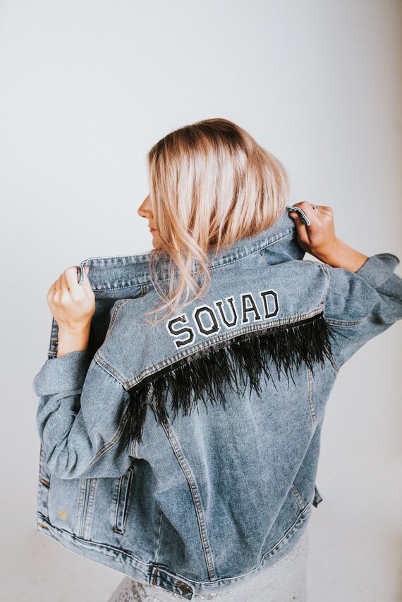 PERSONALISED Black Feather Denim Jacket 