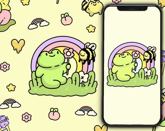 May include: A yellow background with a phone wallpaper design featuring a green frog holding a flower, a rainbow, bees, and a jar of honey. The text "nimbob" is at the bottom of the image.