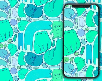 May include: A phone and desktop wallpaper featuring a repeating pattern of green frogs on a light blue background. The text "Phone and Desktop Wallpaper" and "nimbob" are included in the image.