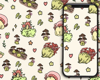 May include: A phone wallpaper featuring a repeating pattern of green frogs with red and white mushrooms on a cream background. The text "nimbob" is at the bottom of the image.