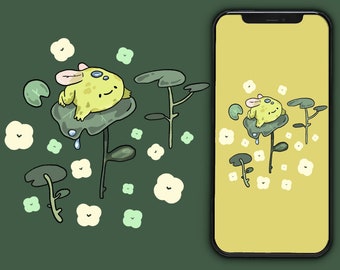 May include: A green frog with blue eyes sits on a green leaf with a yellow background. The frog is surrounded by white and green flowers. The text "Phone and Desktop Wallpaper" is at the top of the image and the text "nimbob" is at the bottom of the image.