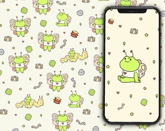 May include: A phone wallpaper featuring a green frog with butterfly wings on a white background with a repeating pattern of frogs, butterflies, stars, hearts, and worms. The text "Phone and Desktop Wallpaper" is at the top of the image and the text "nimbob" is at the bottom of the image.