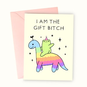 Cartão de aniversário de sapo - Eu sou o presente - Dinossauro sapo fofo - Arco-íris - Cartão de felicitações para comemoração de amantes de sapos
