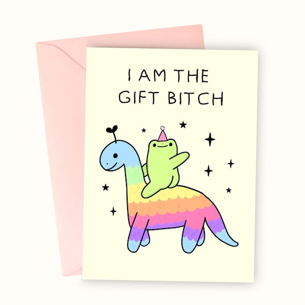 Frog Birthday Card  - I am the gift - Cute Froggy Dinosaur - Rainbow - Toad Lover Celebration Greeting Card