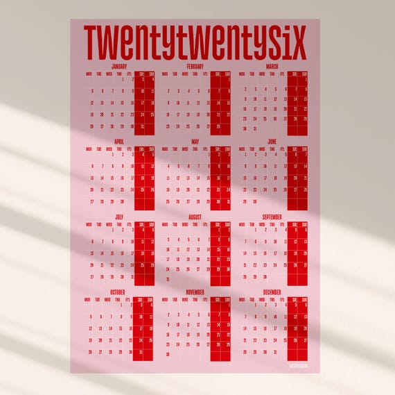 Jahreskalender 2026 – Pop Art Jahresübersicht Poster in Pink und Rot | Büro Homeoffice – DIN A0, A1, A2 & A3 - Jahresplaner