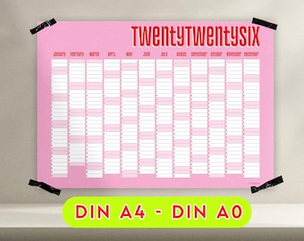 2026 Annual Planner – Vintage Pop Art in Red and Pink – DIN A0, A1, A2, A3, A4 - XXL Annual Planner Family Planner Vintage Look