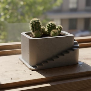 Könnte beinhalten: Ein grauer Beton-Pflanztopf mit Treppendesign, der mehrere kleine grüne Kakteen enthält. Der quadratische Topf steht auf einem passenden Sockel, der auf einer Holzfensterbank platziert ist. Die Kakteen haben kleine Stacheln.