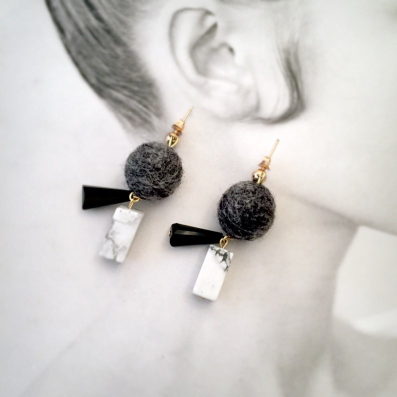 O\u2019FANTASTIClab marble look felt ball fashion howlite earrings statement earrings holiday gift Felt ball earrings dangle earrings
