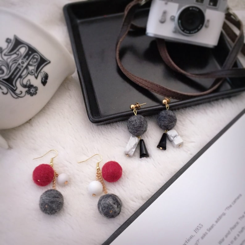 O\u2019FANTASTIClab marble look felt ball fashion howlite earrings statement earrings holiday gift Felt ball earrings dangle earrings