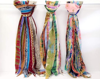 Reversible Sari Silk Scarf, Colorful Striped Patches, Handmade Vintage Style