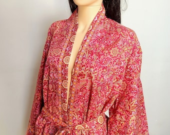 New Art Silk Sari Boho Kimono Robe - Luxury Lounge Digital Print Flowy Gown | Oriental Persian Queen Pink Turquoise | Paisley Duster