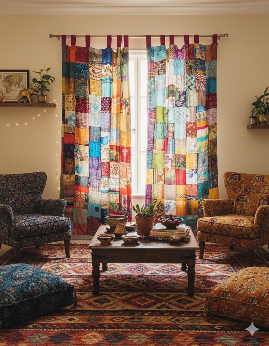 Upcycled Silk Sari Patchwork Curtain Drapes, Patchwork Curtains, Living ...