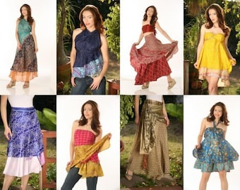 Silk Sari Ankle Length Wrap Skirt (Pack Of 5) - Assorted Color