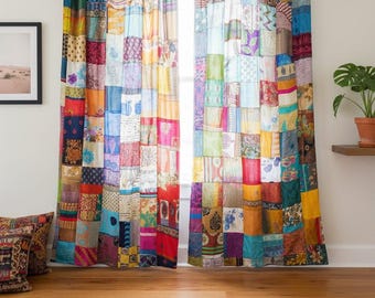 インド直輸入！ シルクサリー パッチワークカーテン 2枚セット ヴィンテージ リサイクルシルク サリー サリー パッチワーク