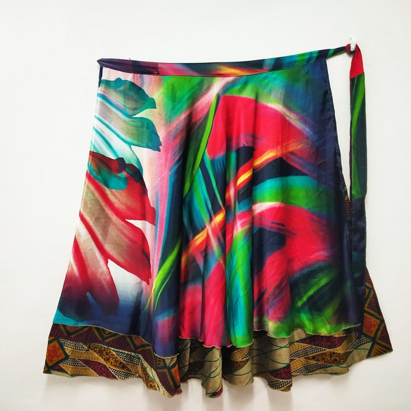 Bohemian Fair Trade Vintage Silk Recycled Sari Handmade Patches Reversible Layered Wrap Around Skirt Assorted