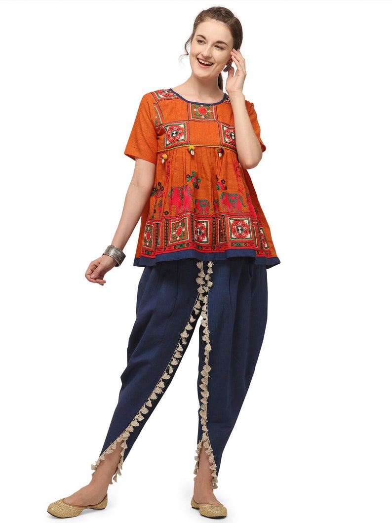 Orange Elephant Motif Kedia Set With Tulip Pants Gujarati Etsy