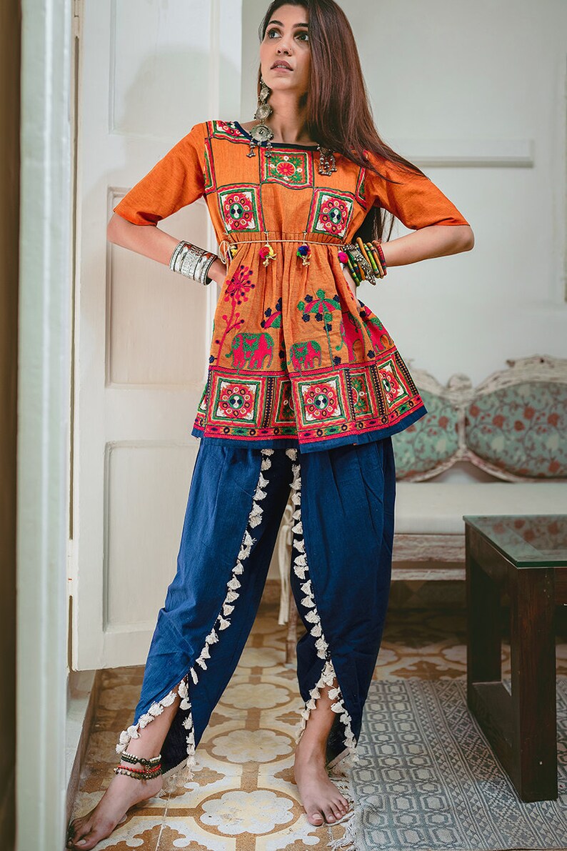 Orange Elephant Motif Kedia Set With Tulip Pants Gujarati Etsy