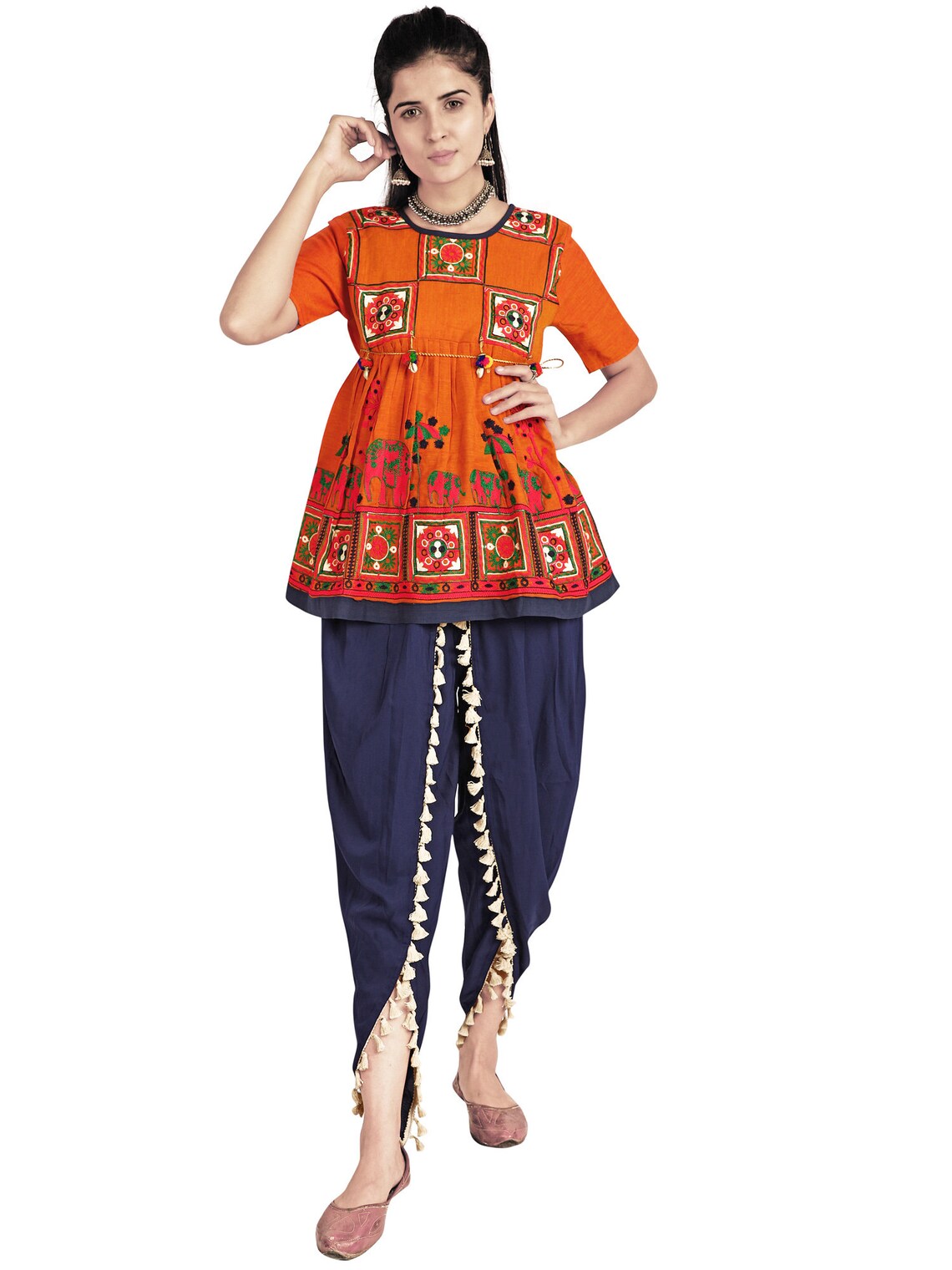 Orange elephant motif kedia set with tulip pants gujarati Etsy