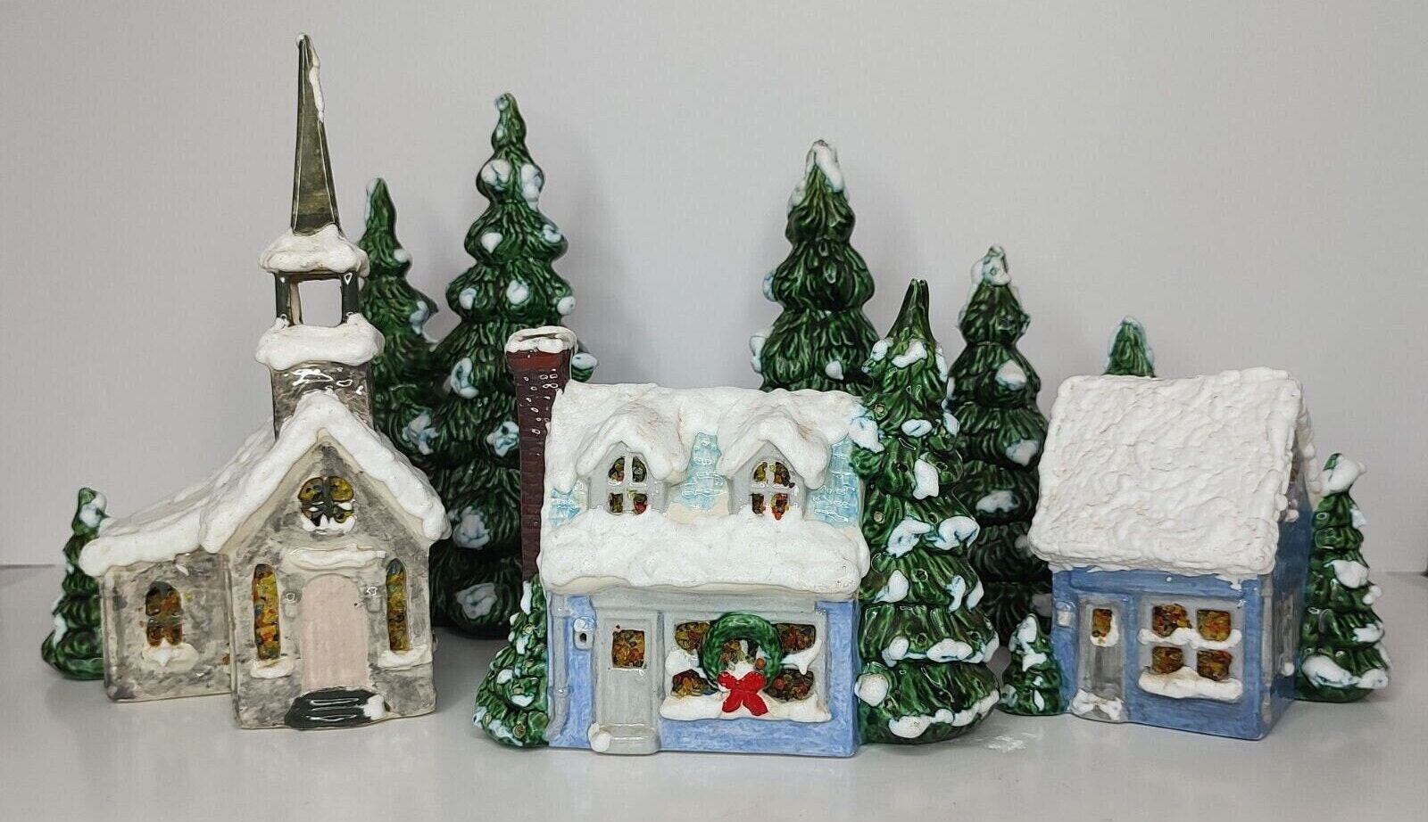Vintage Ceramic Christmas Trees and Houses Snow Village