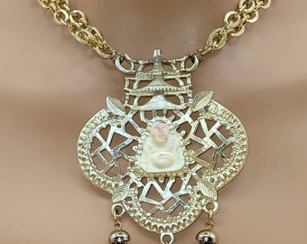 Vintage eclectic double chain necklace with large Buddha pendant and dangling tassels