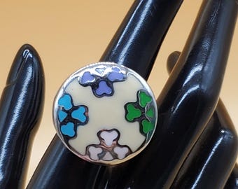 vintage XL stainless steel enamel floral cocktail ring