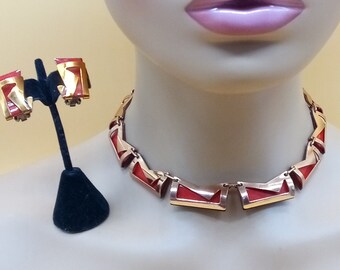 Vintage Matisse copper tone red enamel necklace with matching clip-on earrings