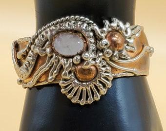 vintage Mexico mixed metal and Rose quartz fancy cuff bracelet