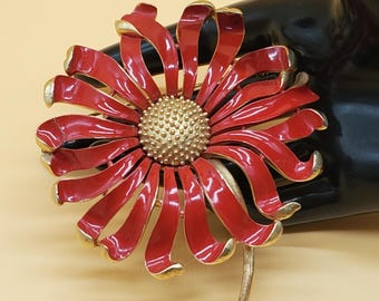 vintage MCM Crown Trifari gold tone red enamel XL stemmed flower brooch