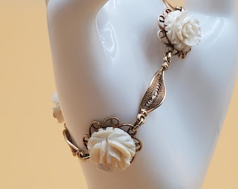 vintage AMCO 14KGF filigree link bracelet with carved flowers