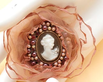 Vintage eclectic beaded lace Cameo brooch